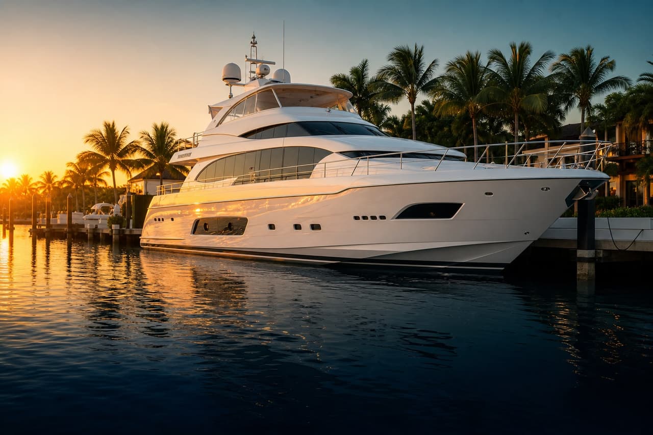 White motor yacht alongside a palm-lined dock at sunset