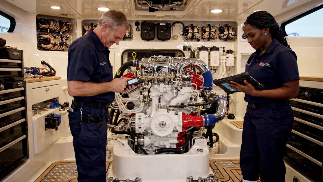 Two people inspecting a marine engine with diagnostic devices in a bright engine room
